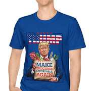 Blue Trump 2024 t-shirt with "Make Groceries Affordable Again" text and illustration of man holding groceries.