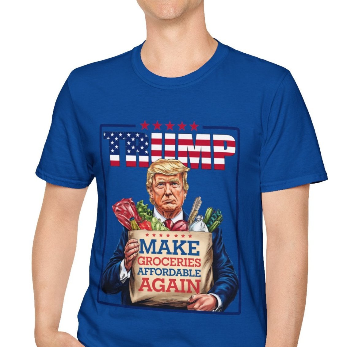 Blue Trump 2024 t-shirt with "Make Groceries Affordable Again" text and illustration of man holding groceries.