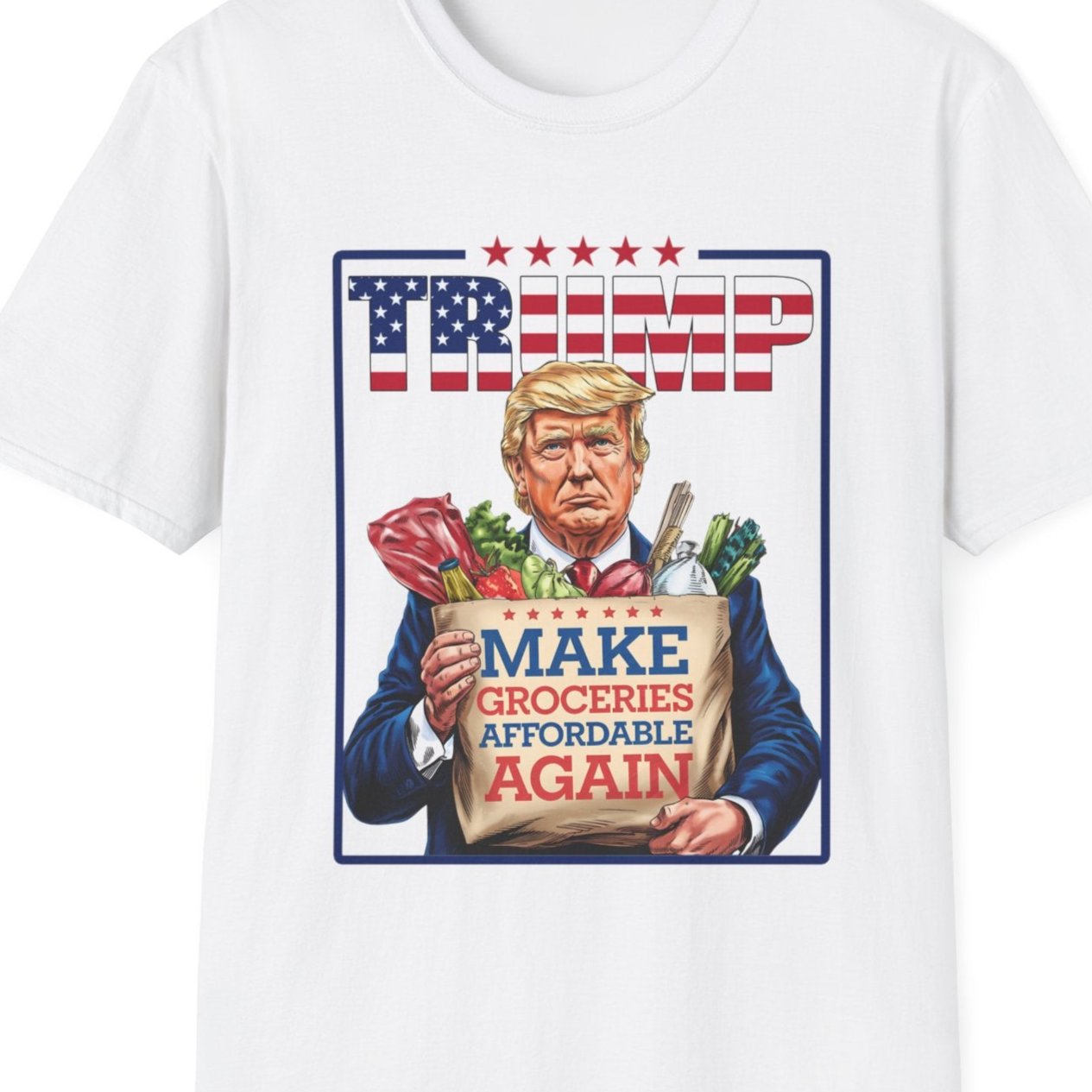Trump 2024 T-shirt with illustration of Trump holding groceries, text "Make Groceries Affordable Again," humorous political design.
