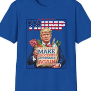 "Make Groceries Affordable Again Trump 2024 T-Shirt with illustration of Trump holding a grocery bag, funny political supporter shirt"