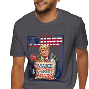 Man wearing a "Make Groceries Affordable Again" Trump 2024 t-shirt with political cartoon of Trump holding groceries.