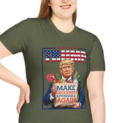 Woman wearing "Make Groceries Affordable Again" Trump 2024 t-shirt with humorous illustration holding groceries.