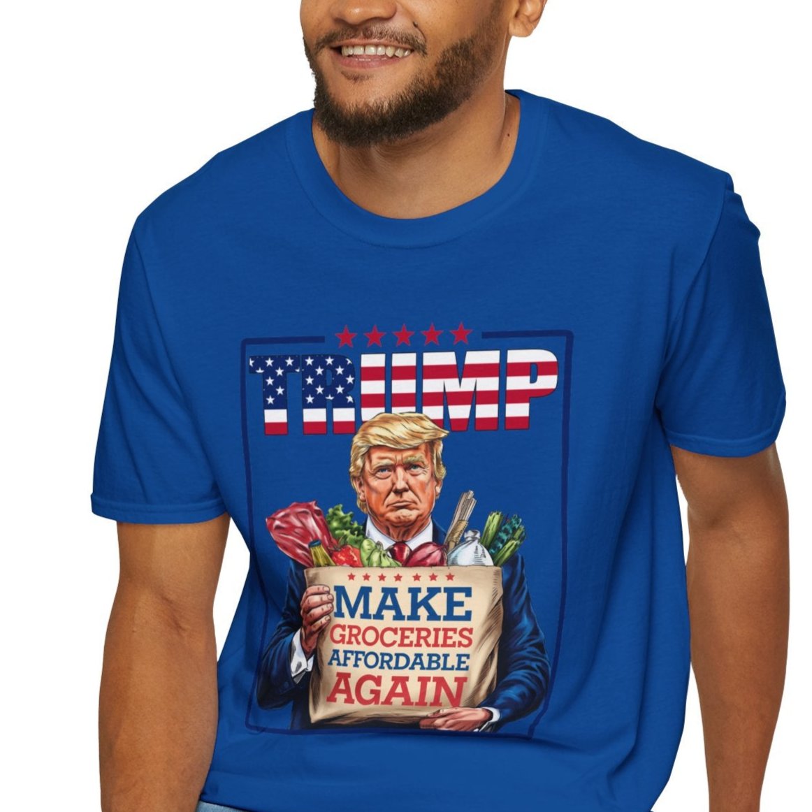 Man wearing "Make Groceries Affordable Again" Trump 2024 t-shirt with illustration of Trump holding a grocery bag, blue background.