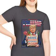 Woman wearing a Trump 2024 t-shirt with "Make Groceries Affordable Again" slogan and illustration of Trump holding groceries.