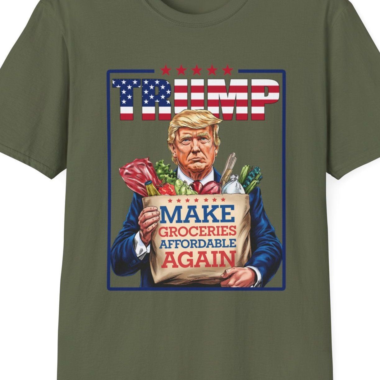 Trump 2024 t-shirt with illustration of Trump holding groceries, text "Make Groceries Affordable Again" for supporters and humor.