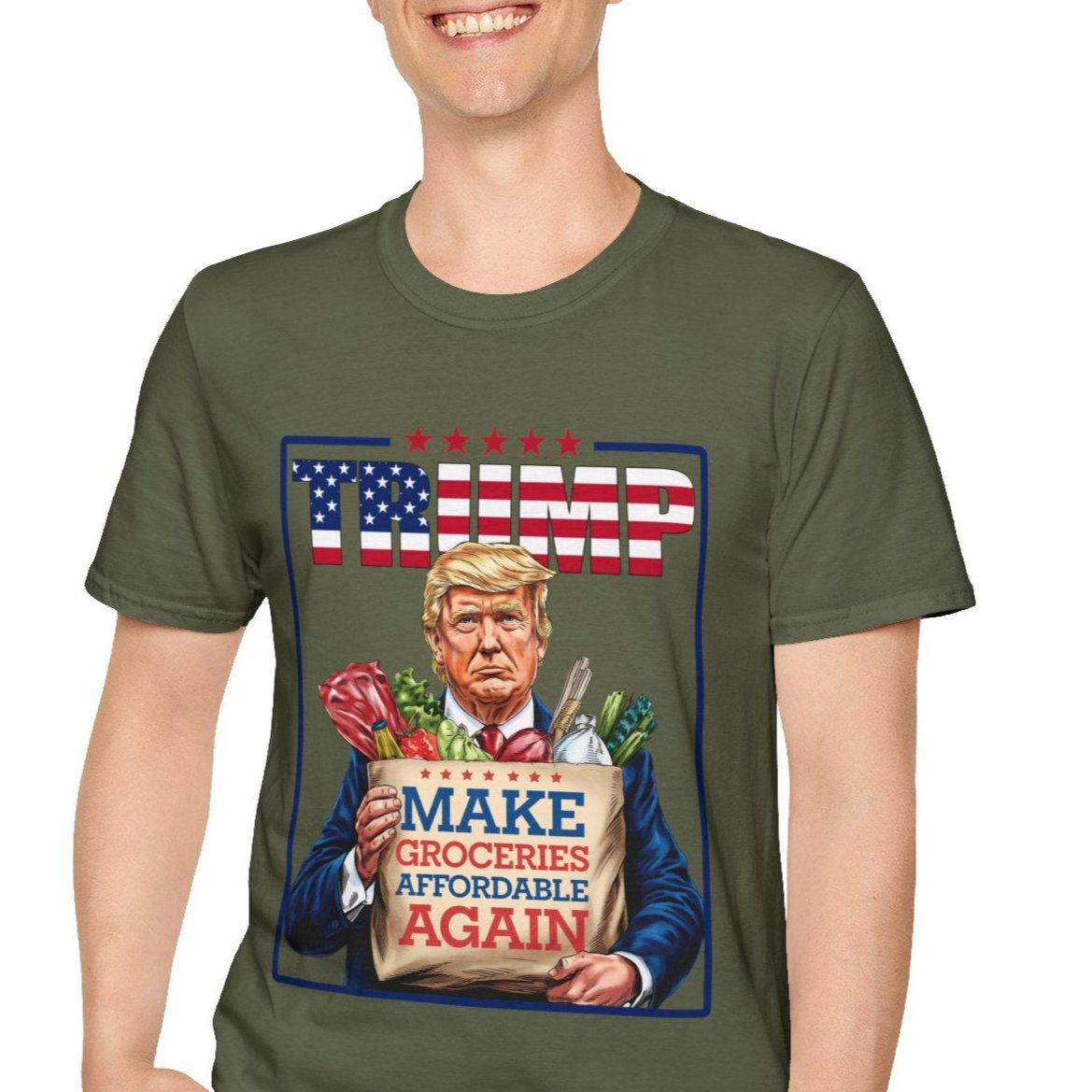 Trump 2024 t-shirt featuring "Make Groceries Affordable Again" design with Trump holding a grocery bag, on olive green background.