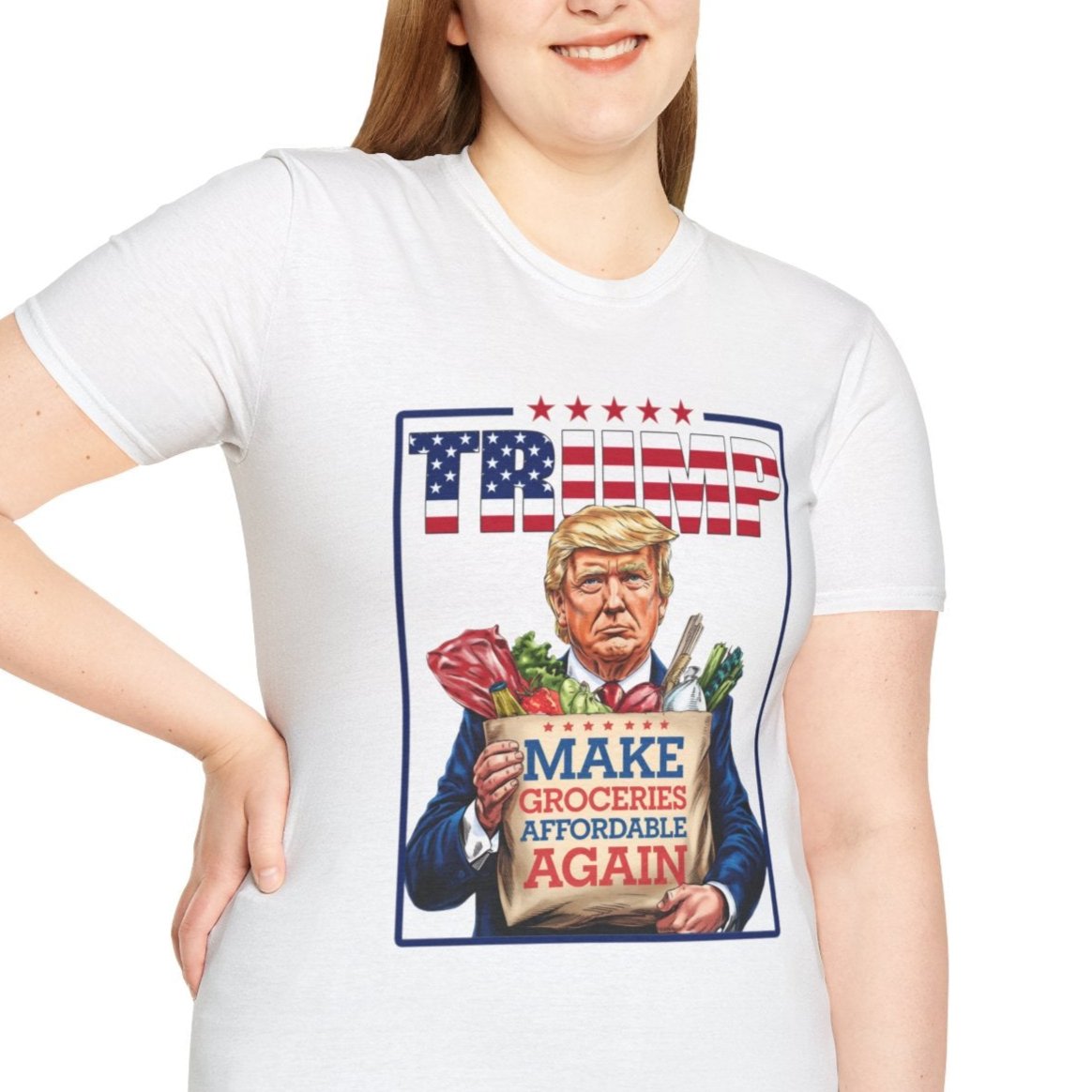Funny Trump 2024 t-shirt with "Make Groceries Affordable Again" slogan and illustration of Trump holding groceries