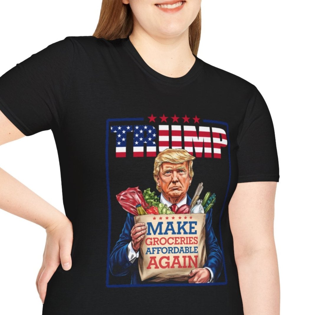 Woman wearing a "Make Groceries Affordable Again" Trump 2024 t-shirt with humorous political design.