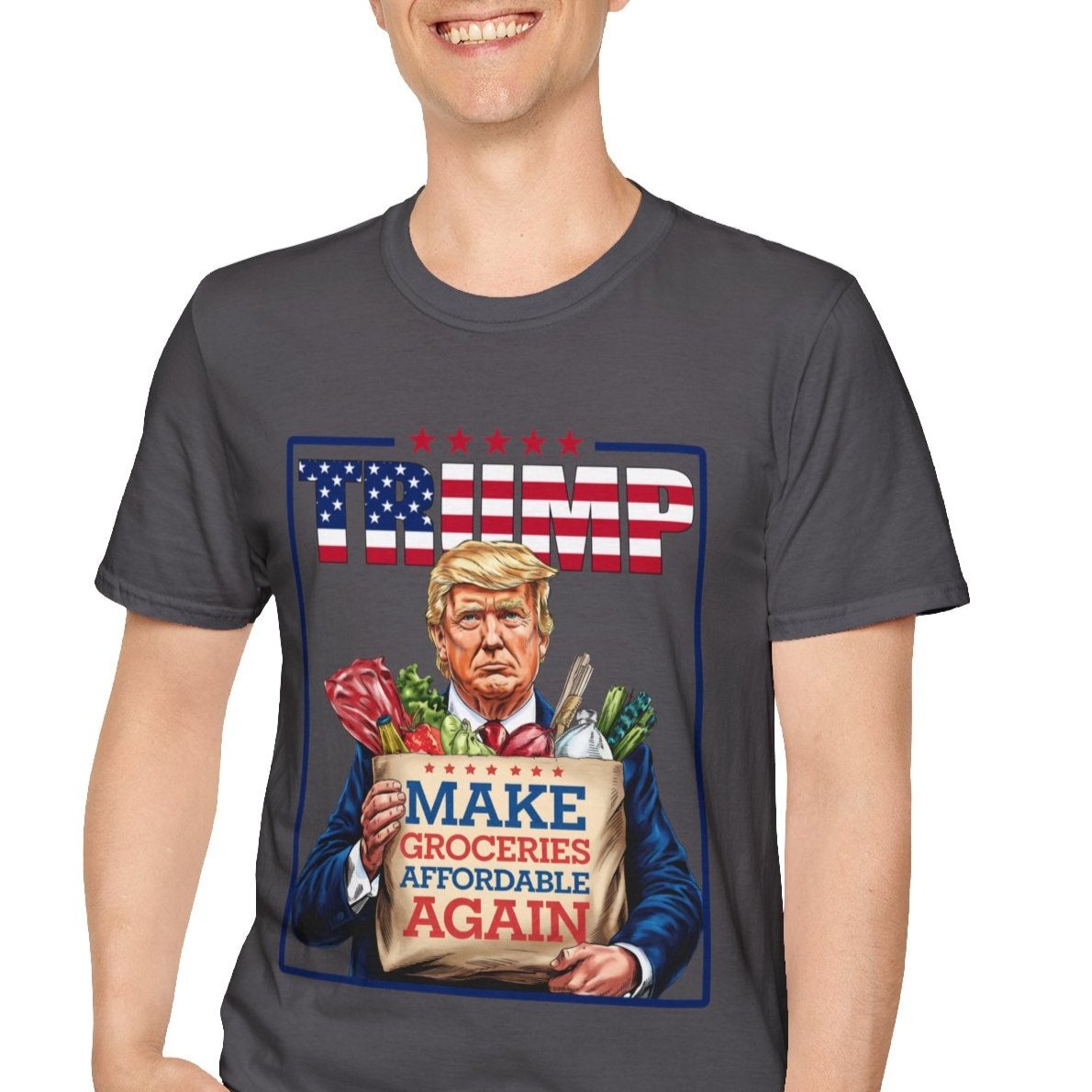 "Make Groceries Affordable Again Trump 2024 t-shirt with Trump illustration holding groceries, funny political statement shirt for supporters."