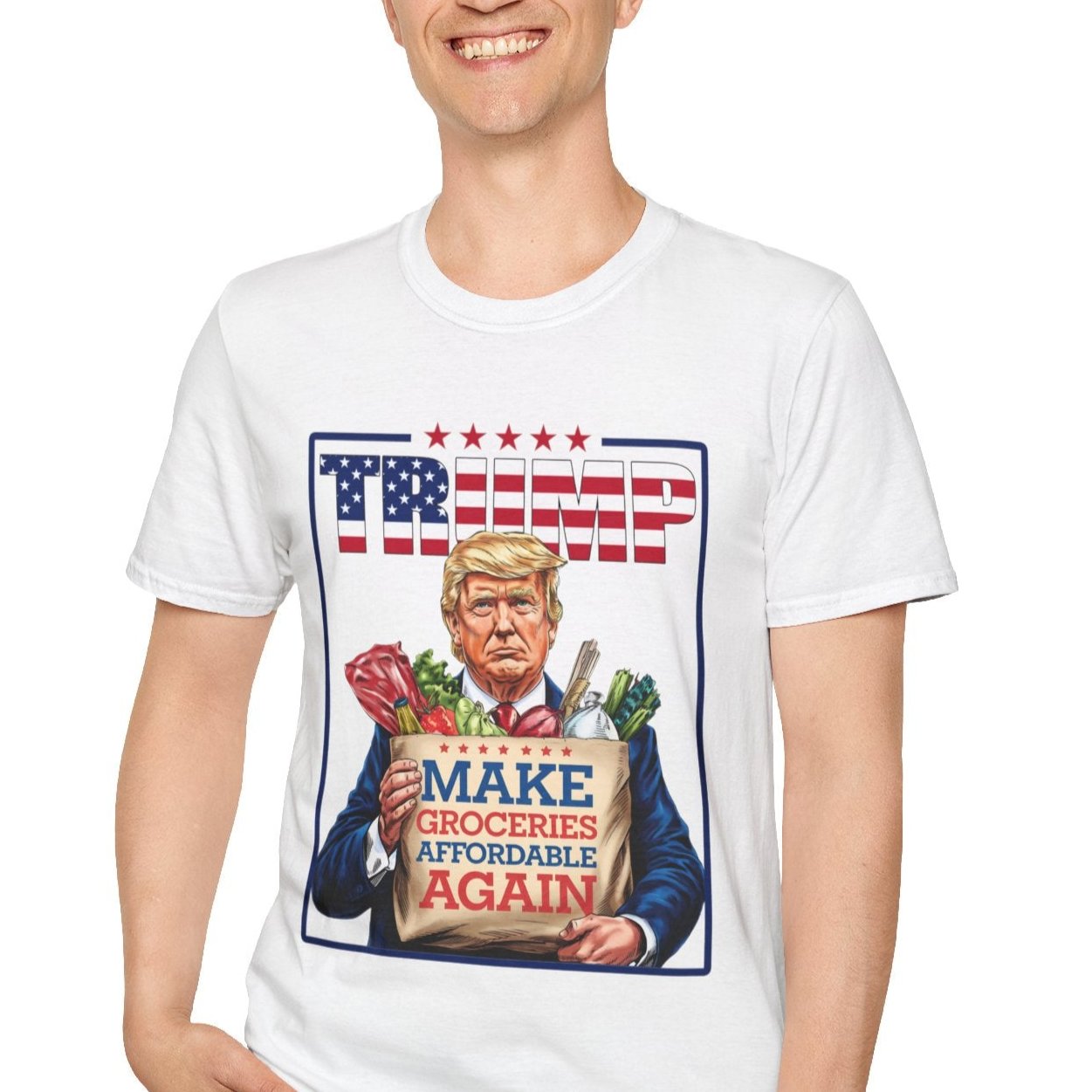 Person wearing "Make Groceries Affordable Again" Trump 2024 t-shirt with illustration of Trump holding a grocery bag, humorous political design.