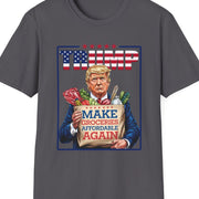 Trump 2024 t-shirt with "Make Groceries Affordable Again" design featuring Trump holding groceries, funny political supporter shirt.
