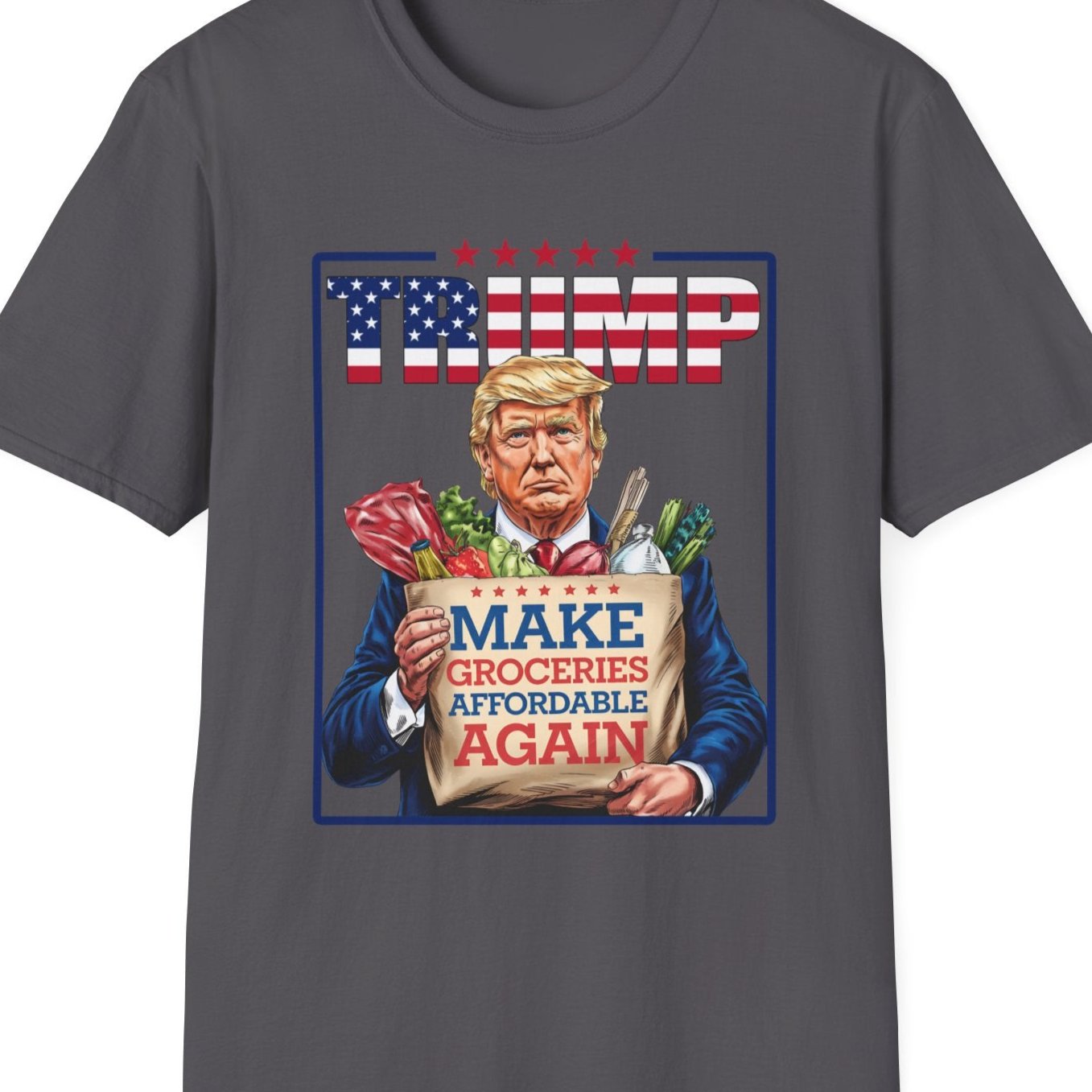 Trump 2024 t-shirt with "Make Groceries Affordable Again" design featuring Trump holding groceries, funny political supporter shirt.
