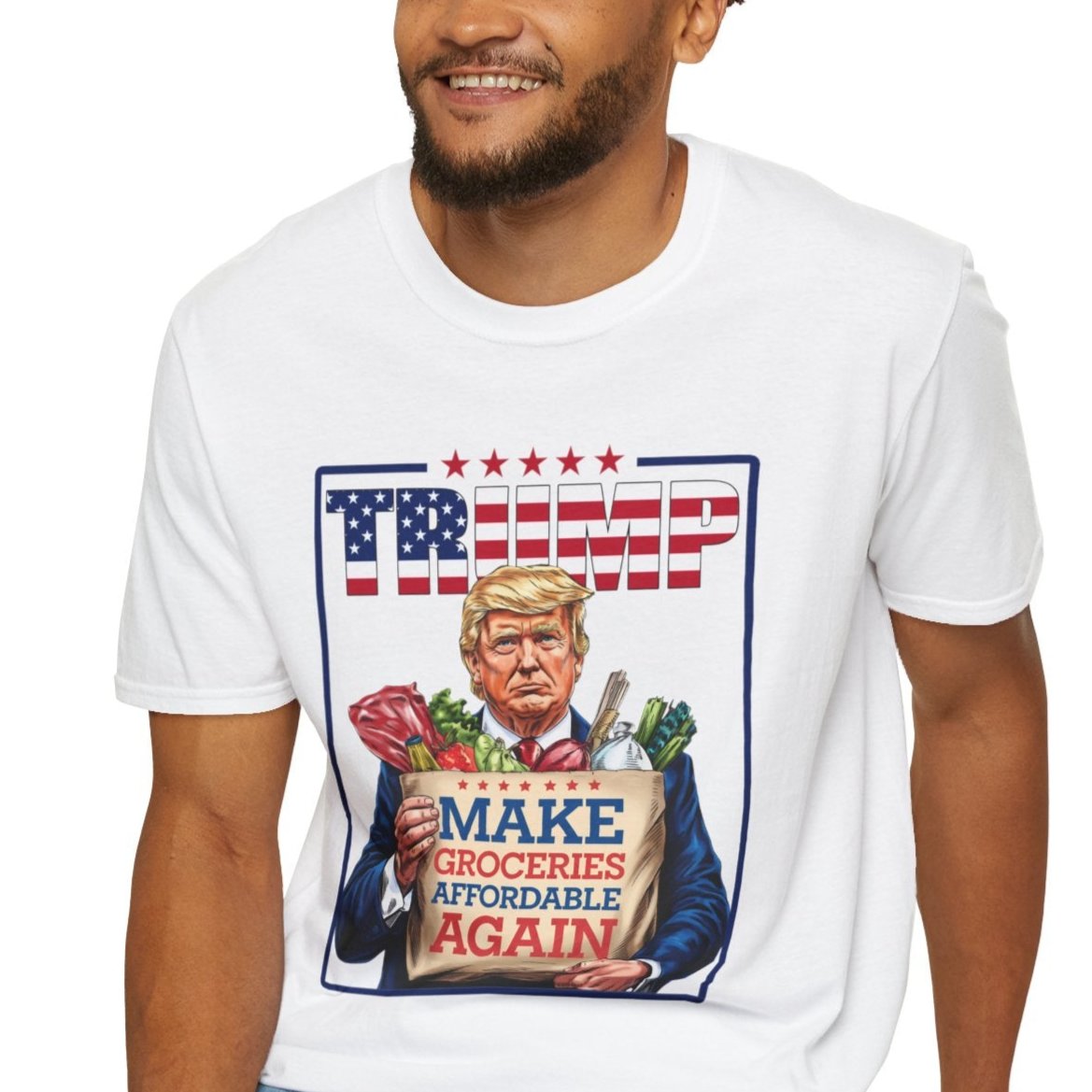 Funny Trump 2024 t-shirt with "Make Groceries Affordable Again" design featuring Trump illustration holding groceries.