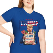Blue Trump 2024 t-shirt with "Make Groceries Affordable Again" design, featuring Trump holding groceries, worn by a smiling supporter.