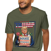 Man wearing a green t-shirt with "Make Groceries Affordable Again" design featuring illustration of Trump holding a grocery bag.