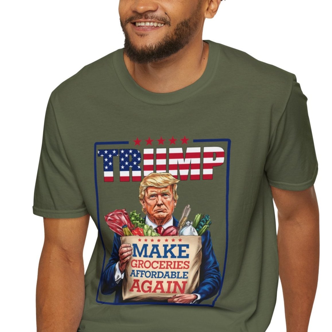 Man wearing a green t-shirt with "Make Groceries Affordable Again" design featuring illustration of Trump holding a grocery bag.