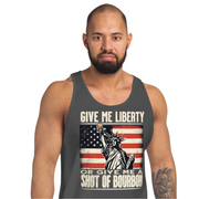 Tank top with Give Me Liberty or Give Me a Shot of Bourbon text, Statue of Liberty holding a shot glass, and distressed American flag background. Perfect for 4th of July.