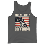 Tank top with Give Me Liberty or Give Me a Shot of Bourbon text, Statue of Liberty holding a shot glass, and distressed American flag background. Perfect for 4th of July.