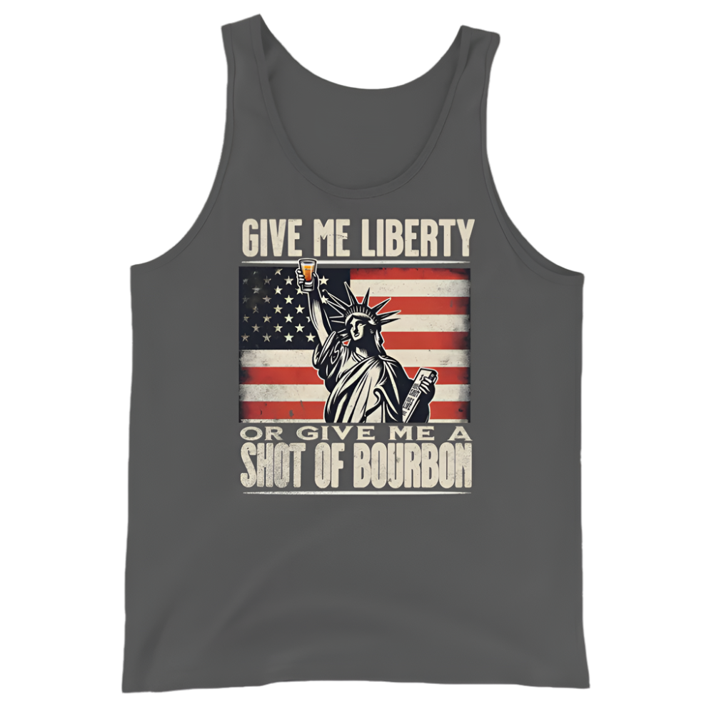Tank top with Give Me Liberty or Give Me a Shot of Bourbon text, Statue of Liberty holding a shot glass, and distressed American flag background. Perfect for 4th of July.