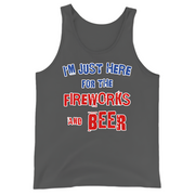 "I'm Just Here for the Fireworks and Beer tank top in dark grey, perfect for festive occasions with quality and softness, 100% combed ringspun cotton"