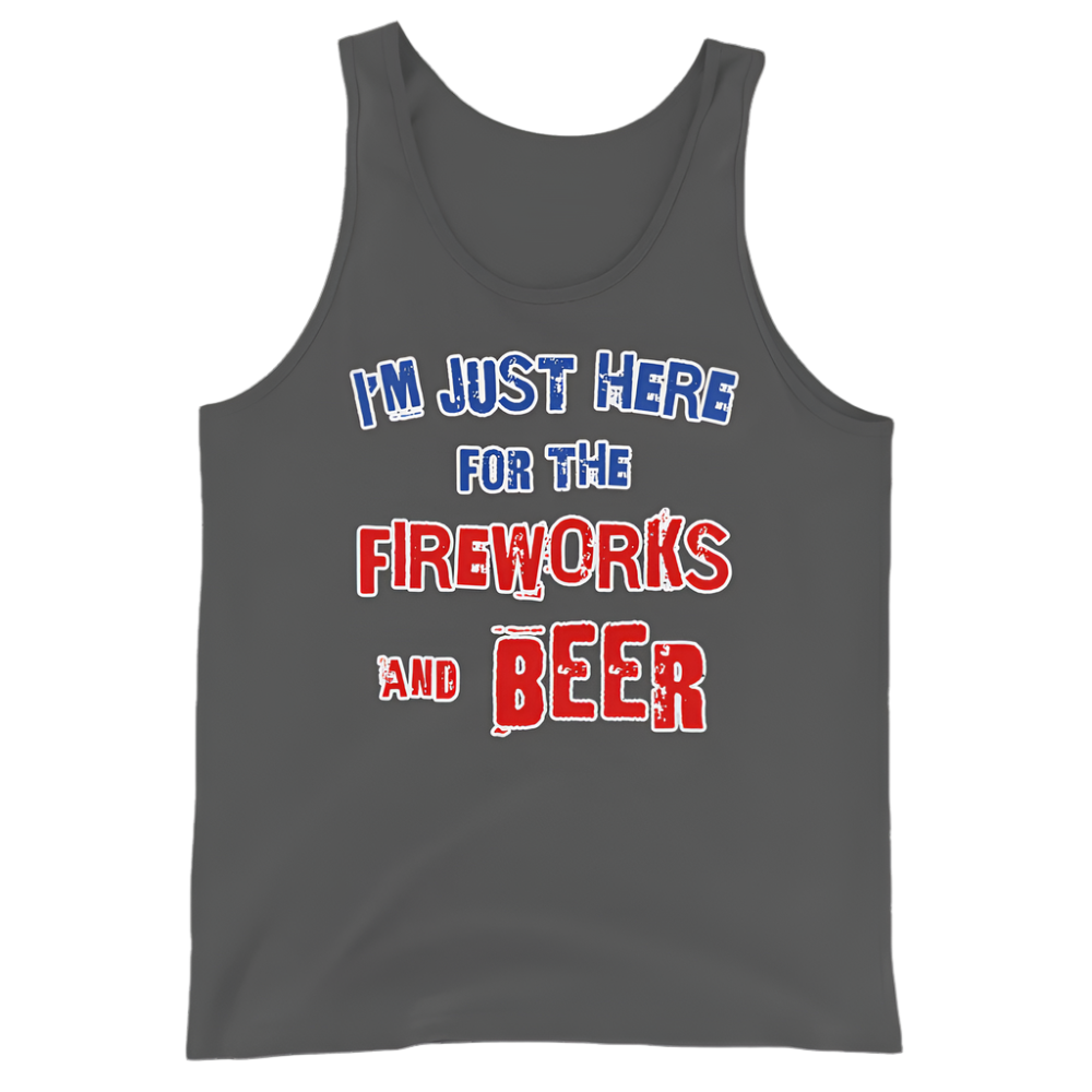 "I'm Just Here for the Fireworks and Beer tank top in dark grey, perfect for festive occasions with quality and softness, 100% combed ringspun cotton"