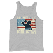Tank top with Red White and Blue Drinking Team text, man drinking beer, and distressed American flag background. Perfect for 4th of July.