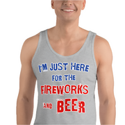 Gray tank top with "I'm Just Here for the Fireworks and Beer" text in red, white, and blue, worn by a smiling person