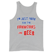 Gray tank top with "I'm Just Here for the Fireworks and Beer" text in blue and red print.
