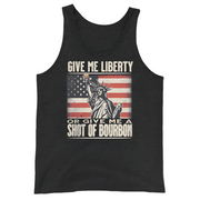 Tank top with Give Me Liberty or Give Me a Shot of Bourbon text, Statue of Liberty holding a shot glass, and distressed American flag background. Perfect for 4th of July.