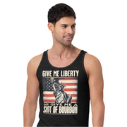 Tank top with Give Me Liberty or Give Me a Shot of Bourbon text, Statue of Liberty holding a shot glass, and distressed American flag background. Perfect for 4th of July.