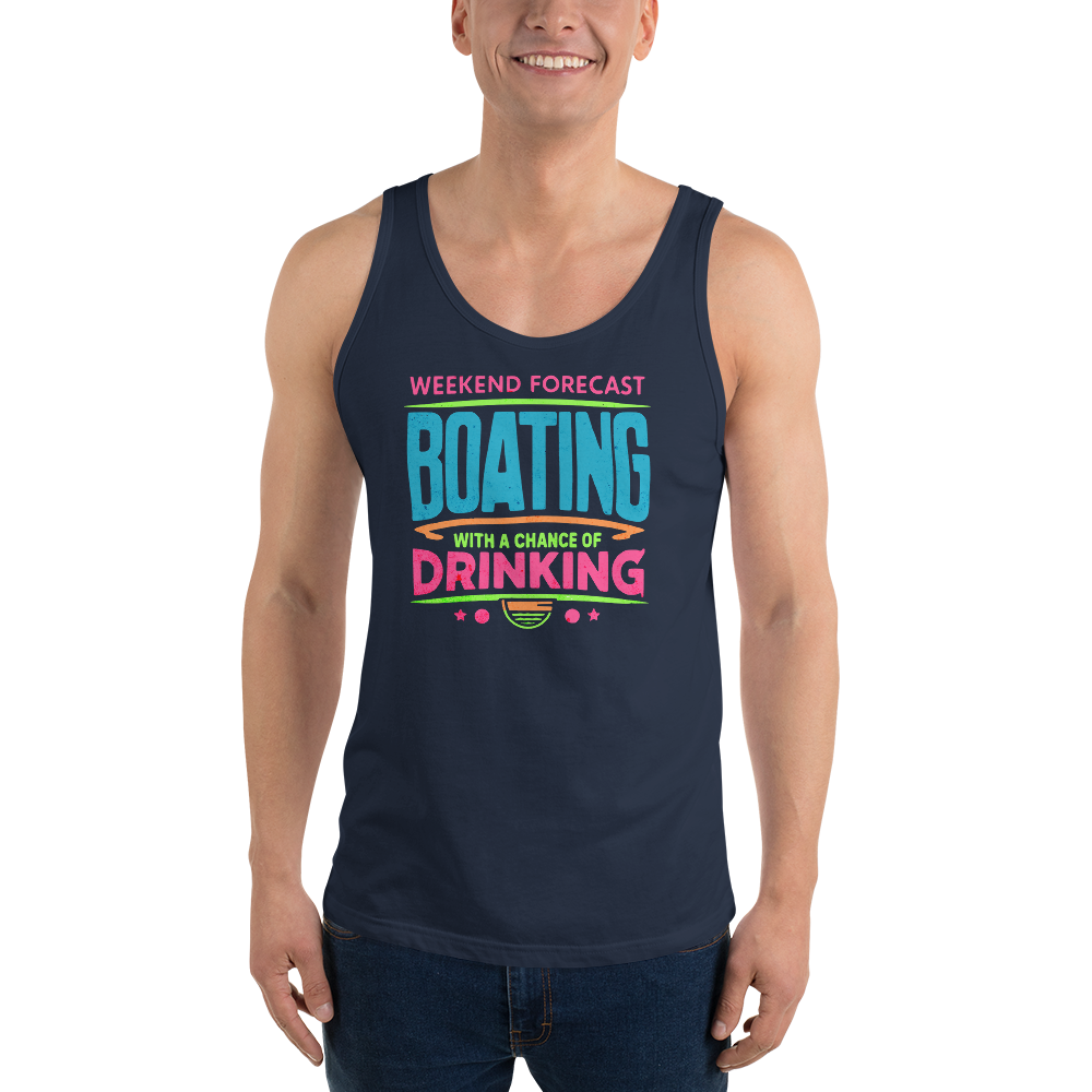 Men's tank top with phrase "Weekend Forecast: Boating with a Chance of Drinking" in bright blue, pink, and green text colors.