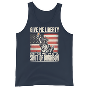 Tank top with Give Me Liberty or Give Me a Shot of Bourbon text, Statue of Liberty holding a shot glass, and distressed American flag background. Perfect for 4th of July.