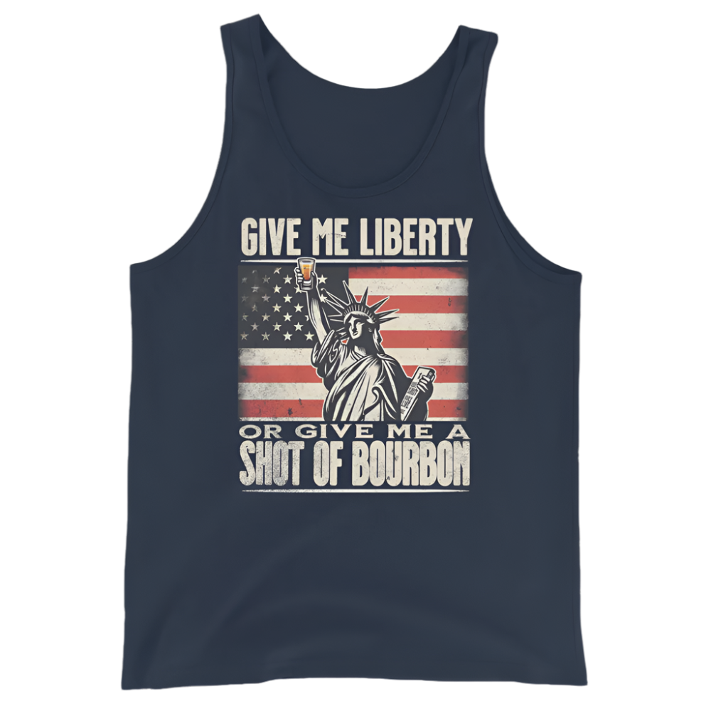 Tank top with Give Me Liberty or Give Me a Shot of Bourbon text, Statue of Liberty holding a shot glass, and distressed American flag background. Perfect for 4th of July.