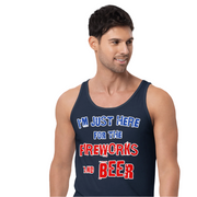 Man wearing "I'm Just Here for the Fireworks and Beer" tank top in navy blue