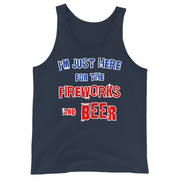 "I'm Just Here for the Fireworks and Beer Tank Top in navy blue with patriotic text design"