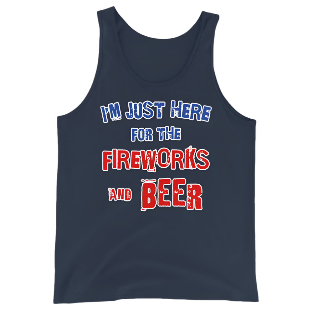 "I'm Just Here for the Fireworks and Beer Tank Top in navy blue with patriotic text design"