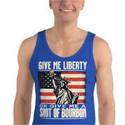 Tank top with Give Me Liberty or Give Me a Shot of Bourbon text, Statue of Liberty holding a shot glass, and distressed American flag background. Perfect for 4th of July.