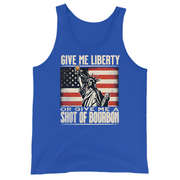 Tank top with Give Me Liberty or Give Me a Shot of Bourbon text, Statue of Liberty holding a shot glass, and distressed American flag background. Perfect for 4th of July.