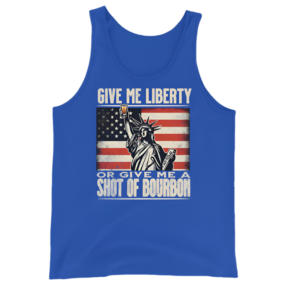 Tank top with Give Me Liberty or Give Me a Shot of Bourbon text, Statue of Liberty holding a shot glass, and distressed American flag background. Perfect for 4th of July.