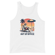 Man relaxing in a beach chair with a sunset backdrop, depicted on our 'Sorry, Out of Office' retro tank top.