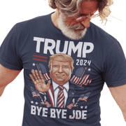 Man wearing Trump 2024 Bye Bye Joe funny tee with playful illustration of President Trump waving
