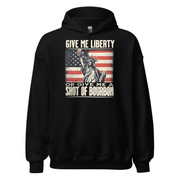 Hoodie with Give Me Liberty or Give Me a Shot of Bourbon text, Statue of Liberty holding a shot glass, and distressed American flag background. Perfect for 4th of July.