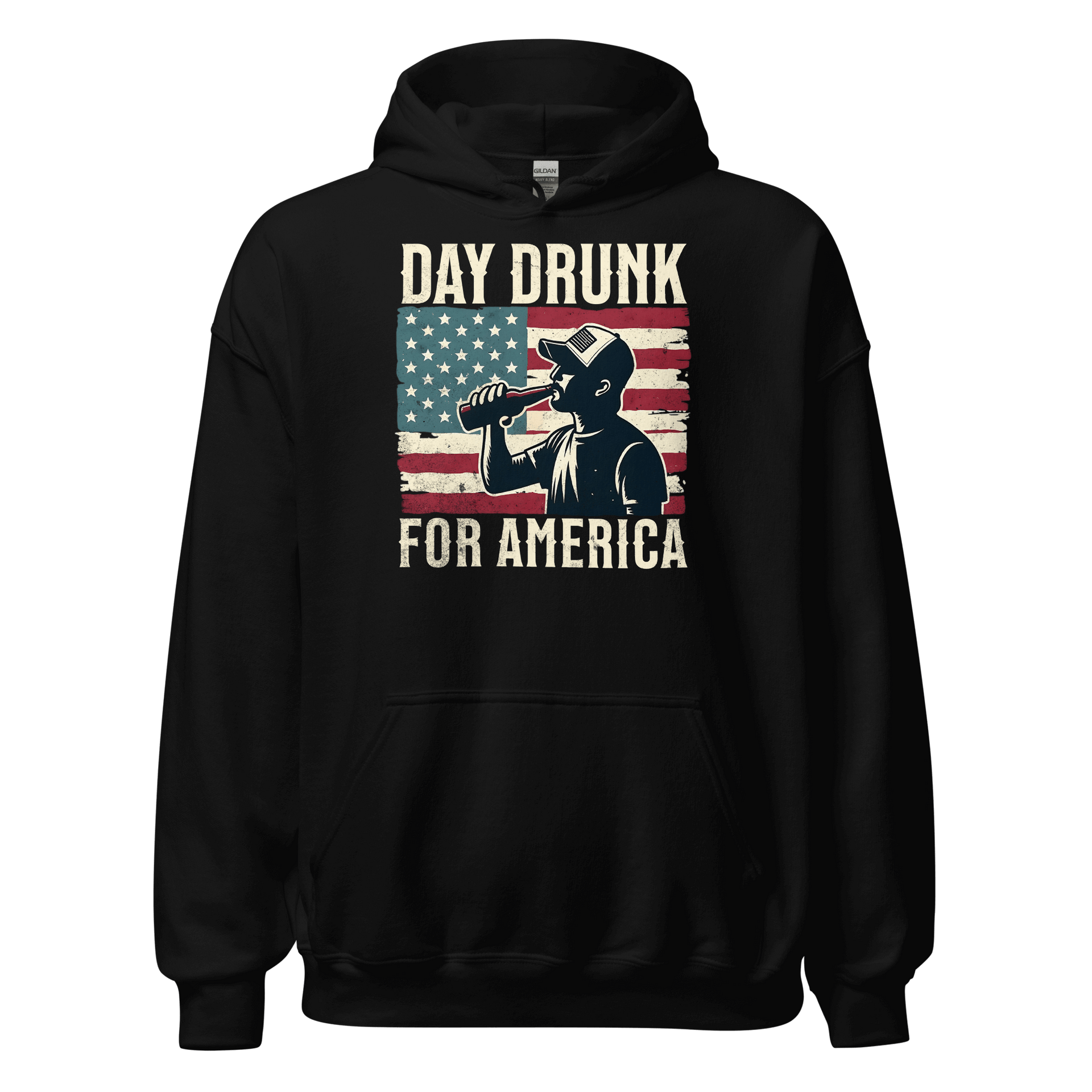Hoodie with Day Drunk for America text, silhouette of a man drinking a bottle of beer, and distressed American flag background. Perfect for 4th of July.
