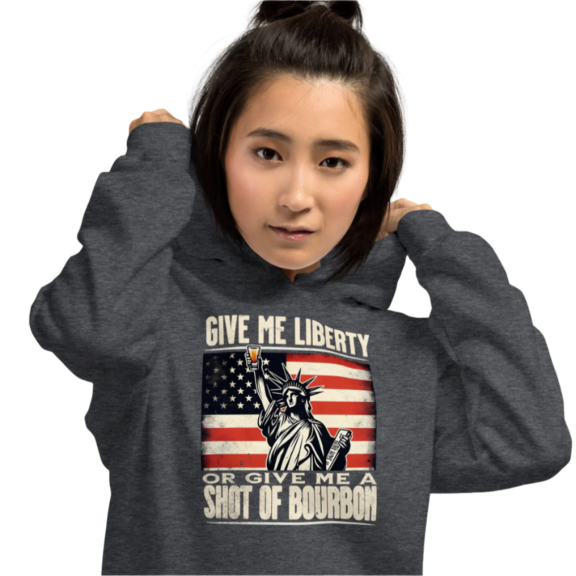 Hoodie with Give Me Liberty or Give Me a Shot of Bourbon text, Statue of Liberty holding a shot glass, and distressed American flag background. Perfect for 4th of July.