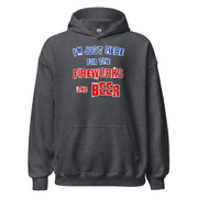 Charcoal hoodie with "I'm Just Here for the Fireworks and Beer" slogan in red, white, and blue text