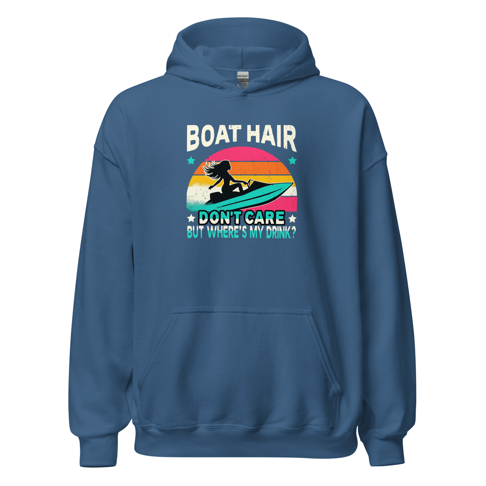 Hoodie featuring "Boar Hair Don't Care, But Where's My Drink?" with a woman on a jet ski and a retro sunset.