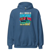 Hoodie with "All I Need Is Sunshine, a Cold Beer, and My Boat," showing a man in a boat during a retro sunset.