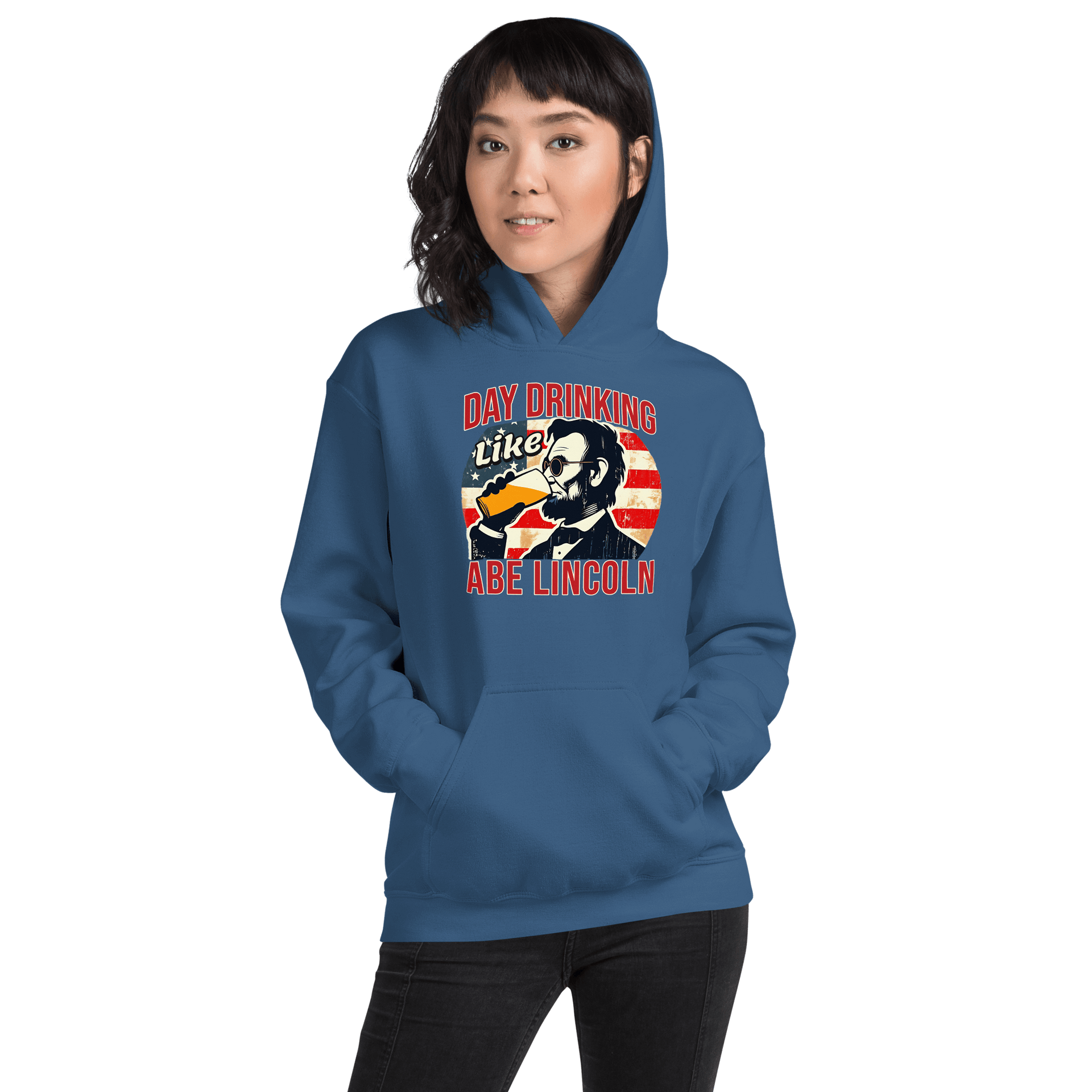 Gear up for the 4th with our Day Drinking Like Abe Lincoln Hoodie. Perfect for celebrations, offering comfort & patriotic flair.