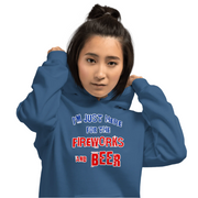 Woman wearing a blue "I'm Just Here for the Fireworks and Beer" hoodie, ideal for cool evenings, made of soft 50% cotton and 50% polyester.