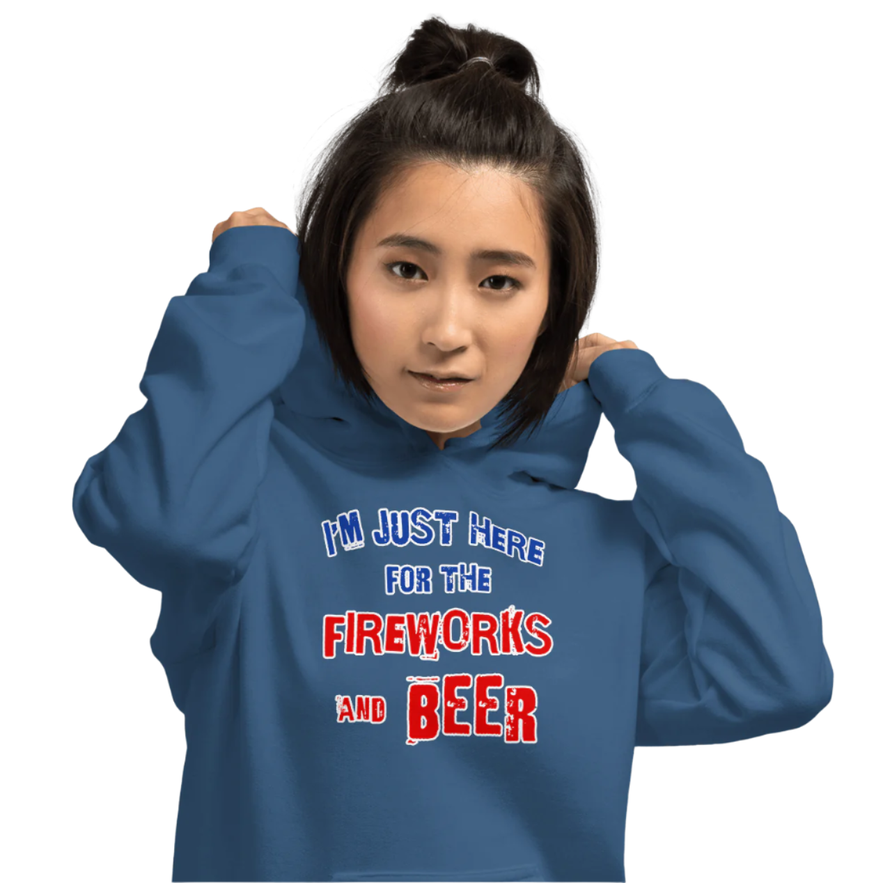 Woman wearing a blue "I'm Just Here for the Fireworks and Beer" hoodie, ideal for cool evenings, made of soft 50% cotton and 50% polyester.